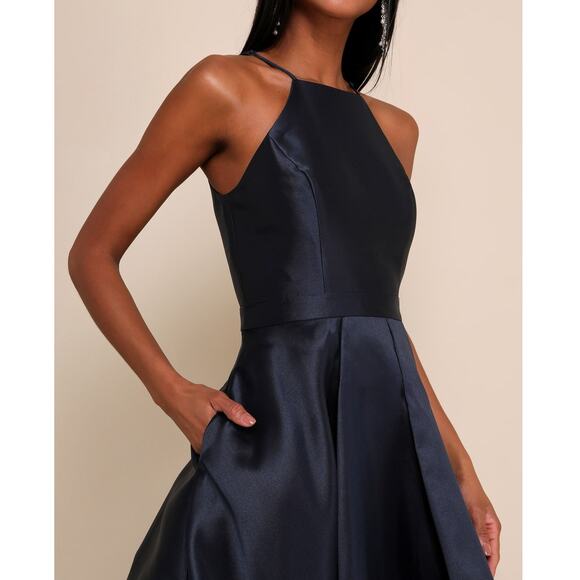 Lulus NWT Broadway Show Navy Blue High-Low Taffeta Pleated Gown Dress Medium - Picture 4 of 11